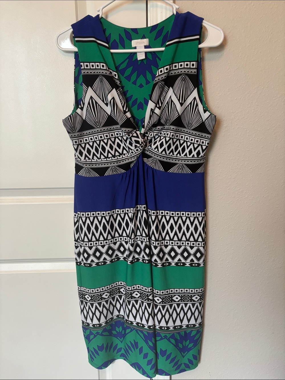 Chico’s Blue & Green Geometric Twist-Front Midi Dress size 2